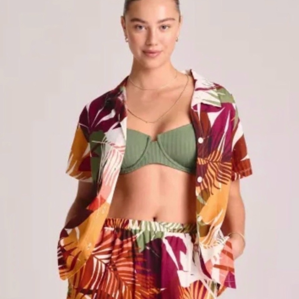 NWT Vitamin A Large Brown Shirt Tropical Print Button Up Camp Linen Boxy Cut